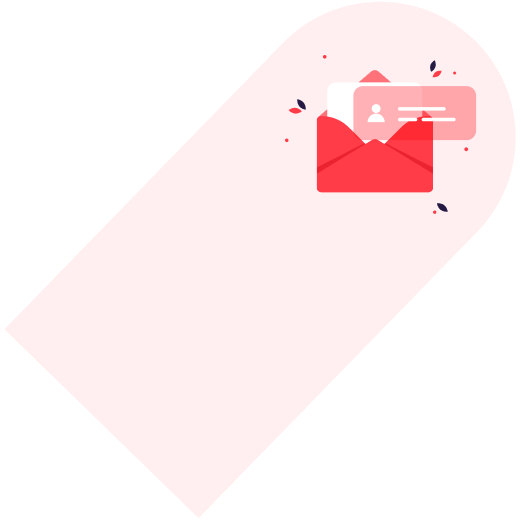 Illustration of a red envelope with a card featuring a contact icon, set on a light pink background with abstract accents.