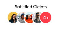 Row of four diverse portraits, with profiles partially visible, representing satisfied clients. A red circle labeled "4+" indicates more clients. Text above reads "Satisfied Clients.