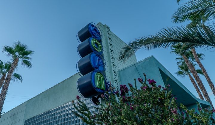 Building with a vintage neon sign displaying "ROSA" in blue and green. Palm trees and a flowering bush are in the foreground against a clear blue sky.