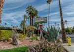 Sign reading "Desert Riviera Hotel" surrounded by palm trees, cacti, and flowers under a blue sky.