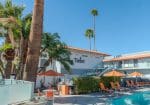 Poolside view of a modern hotel with orange lounge chairs and umbrellas, surrounded by palm trees under a clear blue sky.