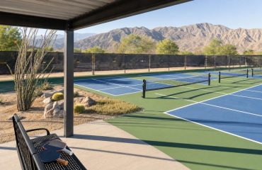 Dedicated outdoor pickleball courts with shade ramada in the desert