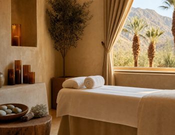 Desert day spa massage treatment room with warm plaster walls