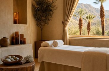 Desert day spa massage treatment room with warm plaster walls