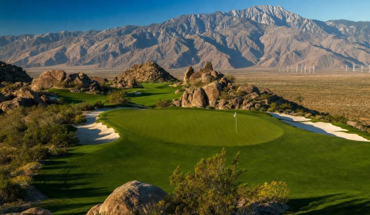 Cimarron Golf Resort Boulder Course green framed by granite boulders with the San Jacinto Mountains behind, Cathedral City