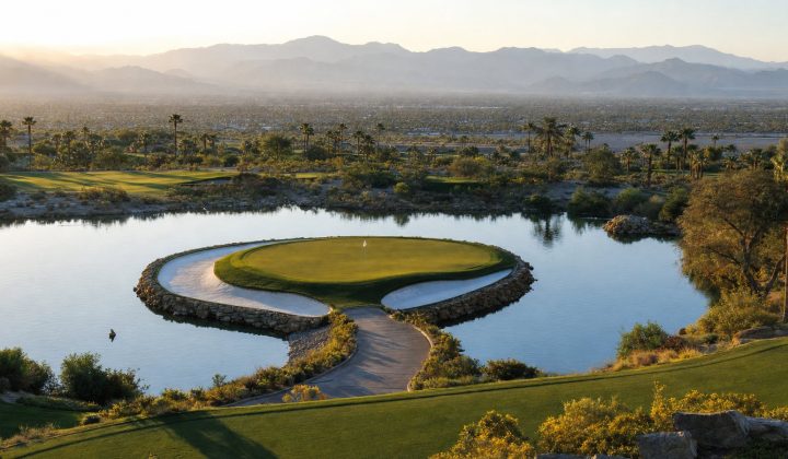 Island green par 3 at The Golf Club at Terra Lago with panoramic Coachella Valley views, Indio