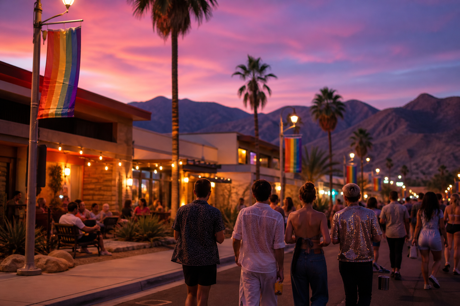 Arenas Road nightlife at dusk in Palm Springs