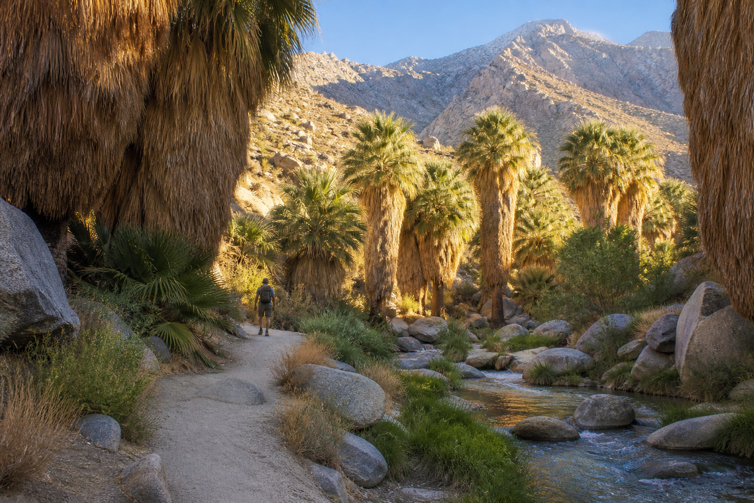Hiking trail through a palm oasis in the Indian Canyons near Palm Springs