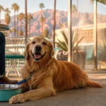 Golden retriever relaxing on a shaded patio with palm trees and desert mountains
