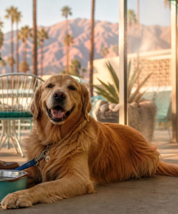 Golden retriever relaxing on a shaded patio with palm trees and desert mountains