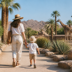 Parent and child walking past giraffes at a desert zoo near Palm Springs