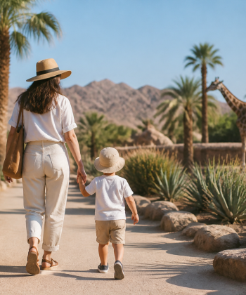 Parent and child walking past giraffes at a desert zoo near Palm Springs