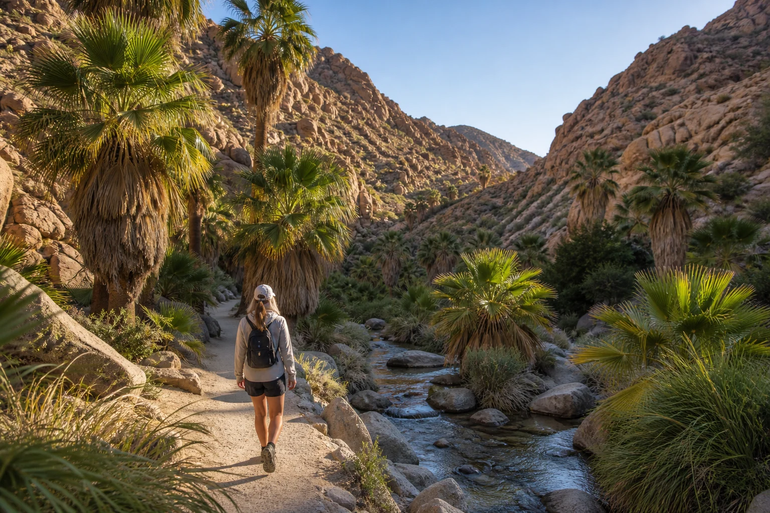 Hiker on a trail through a palm-filled desert canyon