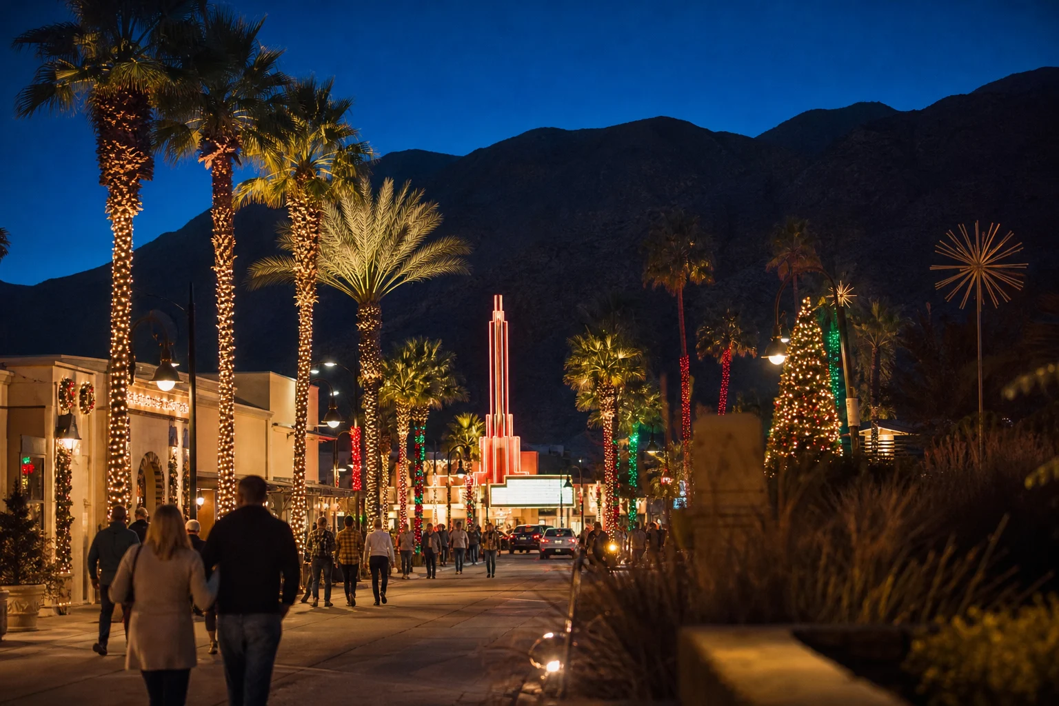 Palm trees wrapped in holiday lights on a desert downtown street at dusk