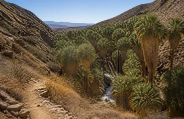 Trail leading into a palm oasis in a desert canyon