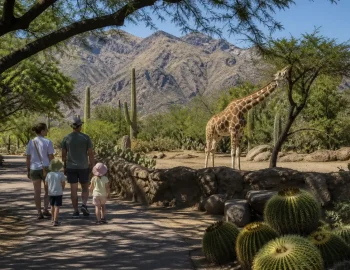 Family walking past a giraffe habitat and cactus garden at a desert zoo