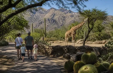 Family walking past a giraffe habitat and cactus garden at a desert zoo
