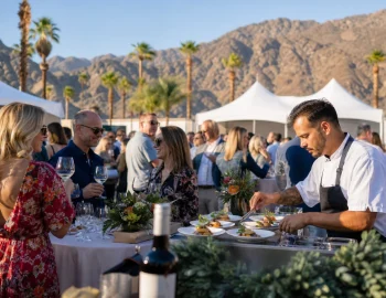 Guests tasting wine at an outdoor food and wine festival in a desert park