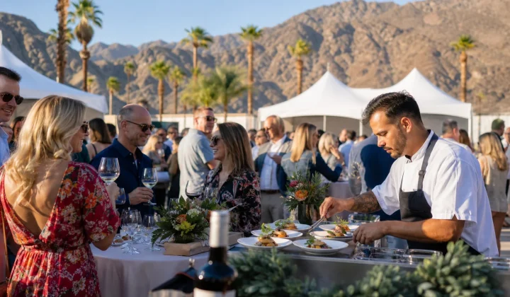 Guests tasting wine at an outdoor food and wine festival in a desert park