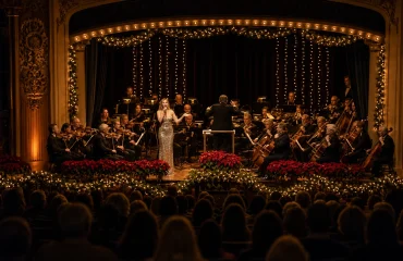 Holiday pops orchestra on a decorated theater stage