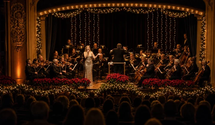 Holiday pops orchestra on a decorated theater stage