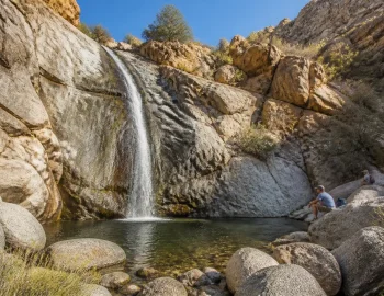 Seasonal waterfall at the end of a rocky desert canyon