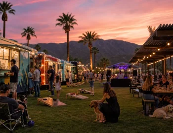 Food trucks and picnic seating at a desert park at dusk