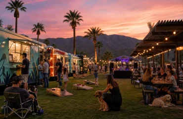 Food trucks and picnic seating at a desert park at dusk
